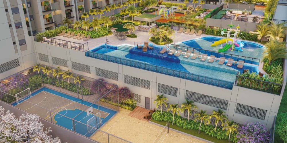 Perspectiva aérea das piscinas