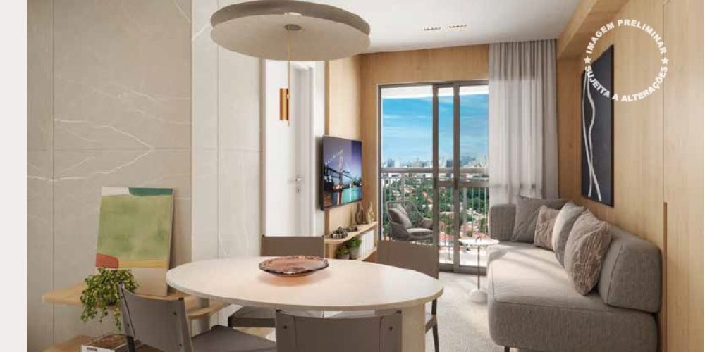 Perspectiva do living do apartamento de 38m²